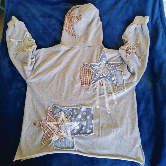 Comfy Oversized Washed Terrycloth Multi Print Patchwork Hoodie Top EUC - Picture 14 of 16